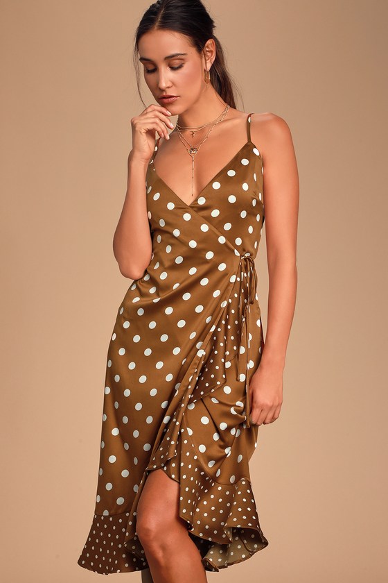 Sexy Satin Dress - Brown Polka Dot Wrap ...